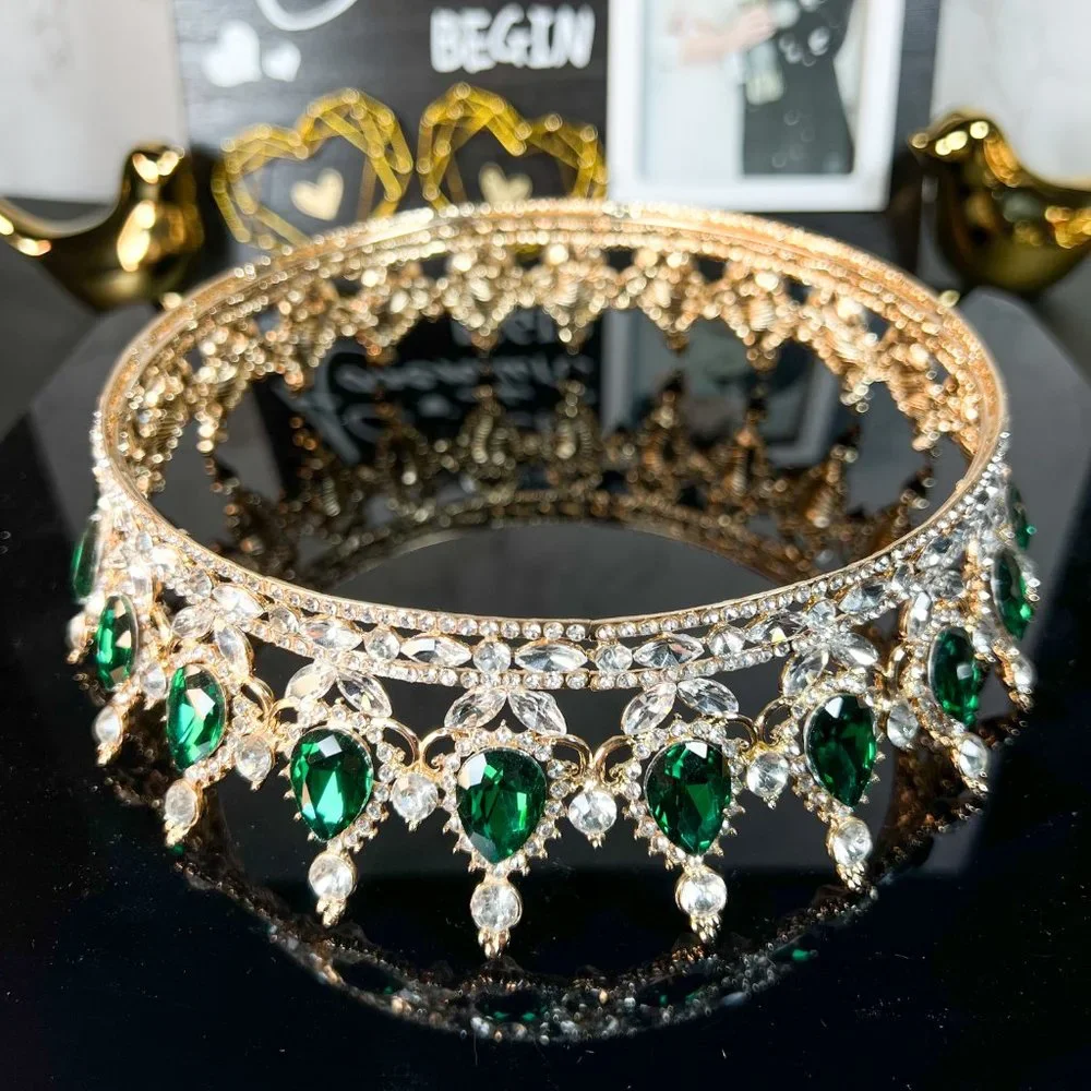 Royal Queen Crown for Women, Green Rhinestone Wedding Crown, Prom Party XL Crown - Picture 2 of 6